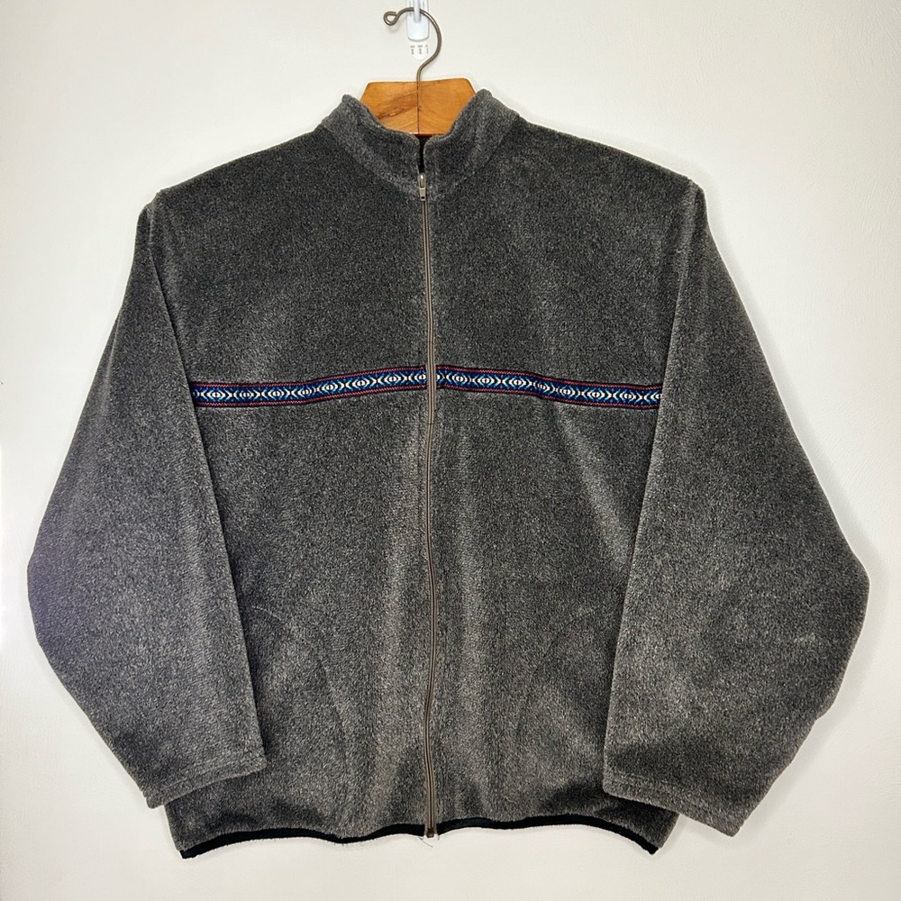 Handcrafted Fleece Full Zip Jacket - Gray - Beautiful - Warm - Aztec - XL Size